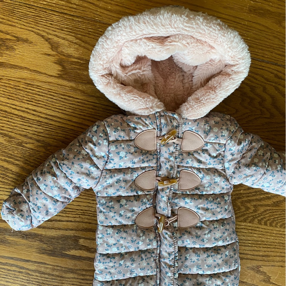 Girls' Pink Floral Hooded Snowsuit with Faux Fur Lining
